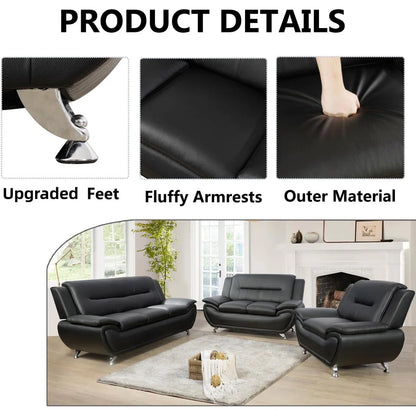 Luxury Sofa Sets: 3-Piece Faux Leather Sofa Set with Chair, Loveseat & Sofa in Modern Chrome Finish