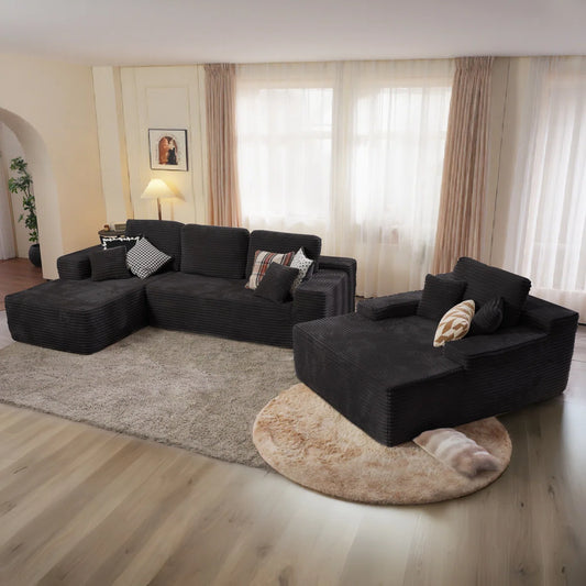 Luxury Sofa Sets: 3-Piece Modular Corduroy Sofa Set with Sleeper, Chaise Lounge & Chair