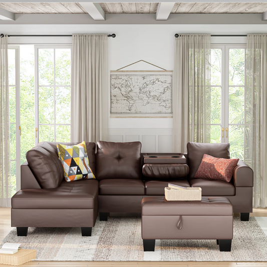 7 Seater Sofa Set: 3-Piece PU Leather Sectional with Chaise