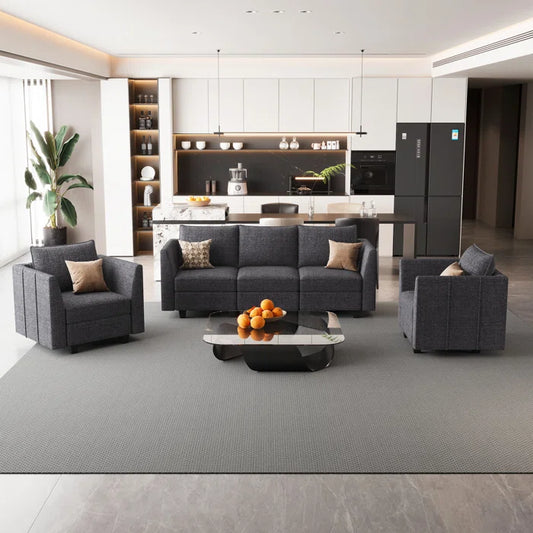 7 Seater Sofa Set: 3-Piece Chenille Modular Sectional with Storage Sofa