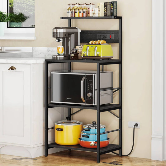 Kitchen Rack: 3-Power Outlets with Baker's Rack, 4-Tier Storage with Microwave Stand, Freestanding Kitchen Shelf Stand