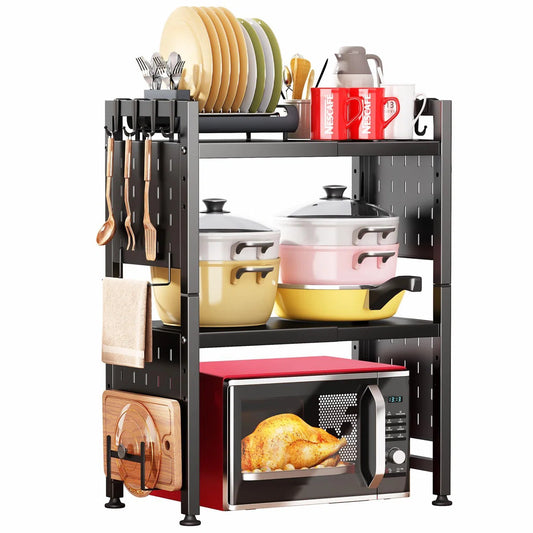 Kitchen Rack: 3-Tier Heavy-Duty Microwave Oven Rack Shelf with 9 Hooks for Kitchen Shelves Counter Top Organizer