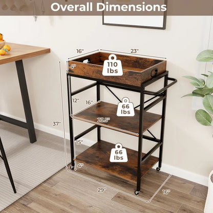 Kitchen Rack: 3-Tier Kitchen Industrial Bar Cart with Detachable Tray