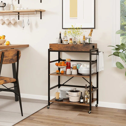 Kitchen Rack: 3-Tier Kitchen Industrial Bar Cart with Detachable Tray