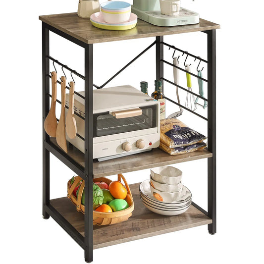 Kitchen Rack: 3-Tier Microwave Oven Stand with Metal Frame and 6 Hooks