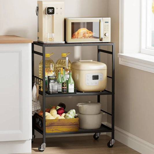 Kitchen Racks: 3-Tier kitchen cart with movable shelves for storing microwaves