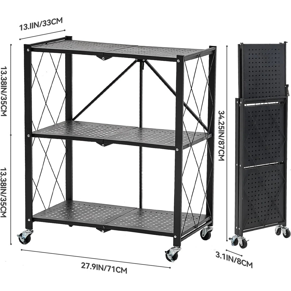 Kitchen Racks: 3-Tier metal shelving unit with X-side frames for storage