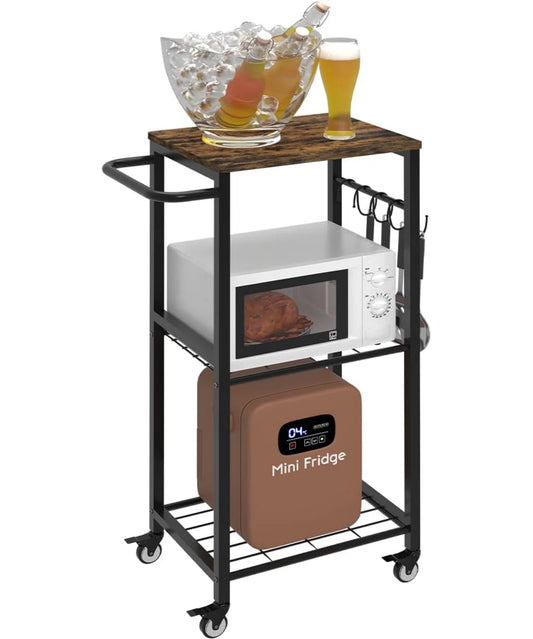 Kitchen Racks: 3-Tier rolling kitchen cart with metal handle, microwave stand on wheels, and movable coffee bar cart