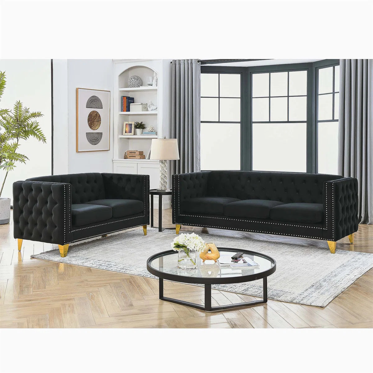7 Seater Sofa Set: Luxurious Black Velvet 3+2 Seater Combination Sofa