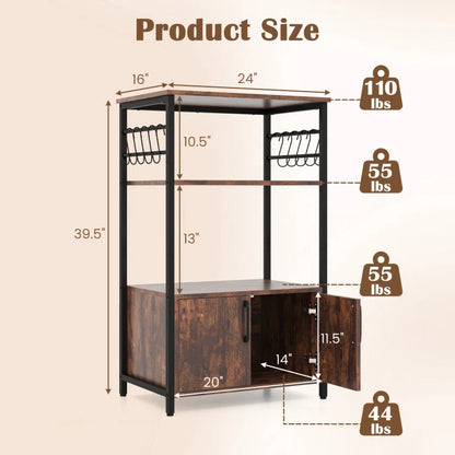 Kitchen Rack: 3-tier kitchen Baker's Rack with Cabinet, 2 open shelves, and 10 S-shaped hooks, 17 stories