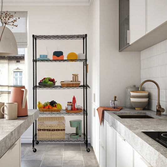Kitchen Rack: 30'' W Metal Height -Adjustable Shelving Unit with Wheels