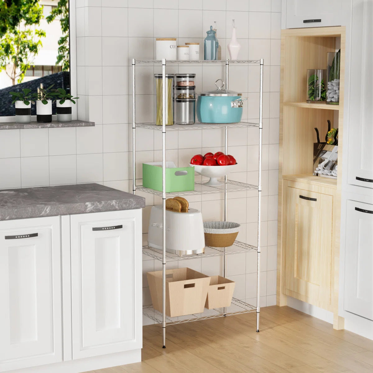 Kitchen Rack: 30'' W Metal Shelving Unit with Wheels