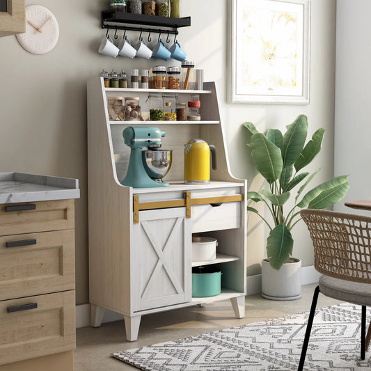 Kitchen Racks: A standard wood 31.25-inch baker's rack with wooden shelves