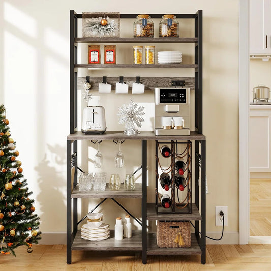 Kitchen Rack: 31.5" Kitchen Microwave Stand Bakers Rack, Coffee Bar with Power Outlet