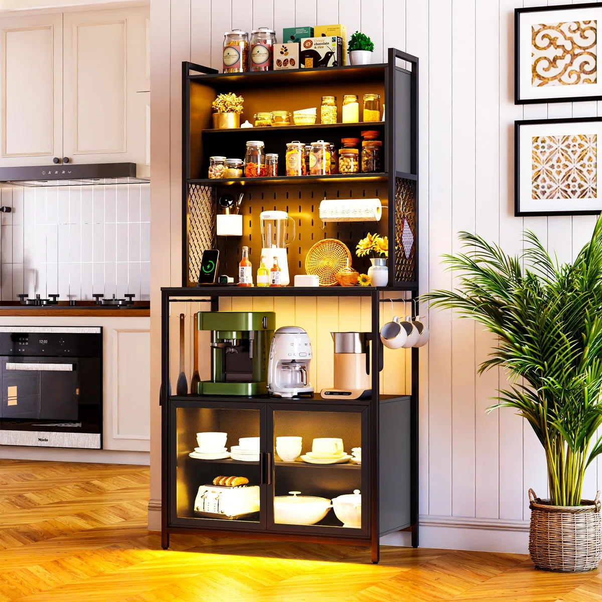 Kitchen Racks: 32" metal baker’s rack with microwave shelf, ideal for compact kitchen storage spaces