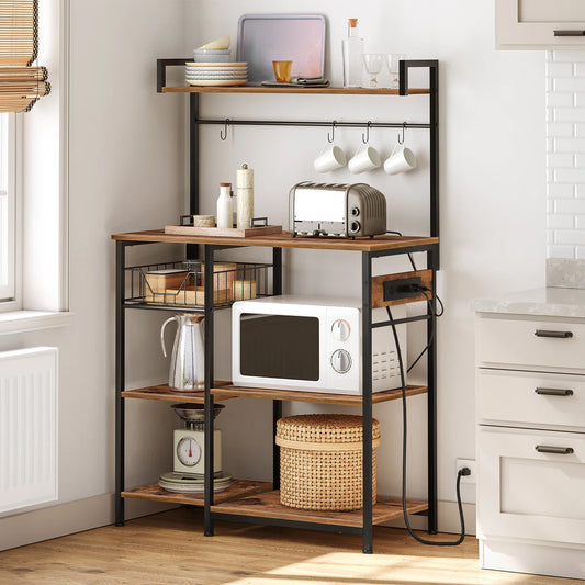 Kitchen Rack: 35.4" Bakers Rack with Coffee Bar, Power Outlet, Mesh Basket, Microwave Stand, and 4 S-Shaped Hooks