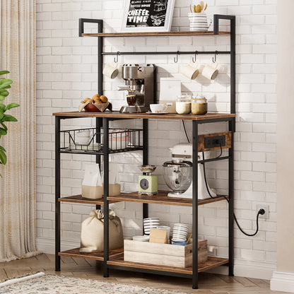Kitchen Rack: 35.4" Bakers Rack with Coffee Bar, Power Outlet, Mesh Basket, Microwave Stand, and 4 S-Shaped Hooks