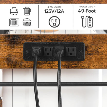 Kitchen Rack: 35.4" Bakers Rack with Coffee Bar, Power Outlet, Mesh Basket, Microwave Stand, and 4 S-Shaped Hooks
