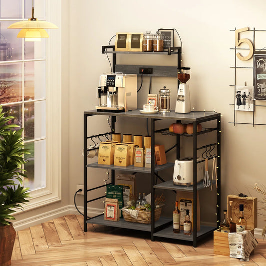 Kitchen Rack: 35.4" Bakers Rack with Power Outlet, Coffee Bar with Microwave Stand and Wire Basket