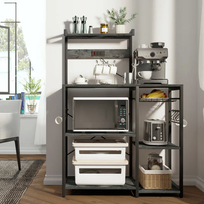 Kitchen Rack: 35.4" Bakers Rack with Power Outlet, Coffee Bar with Microwave Stand and Wire Basket