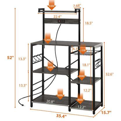 Kitchen Rack: 35.4" Bakers Rack with Power Outlet, Coffee Bar with Microwave Stand and Wire Basket