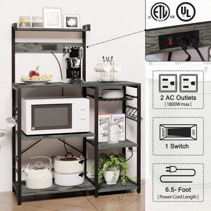 Kitchen Rack: 35.4" Bakers Rack with Power Outlet, Coffee Bar with Microwave Stand and Wire Basket