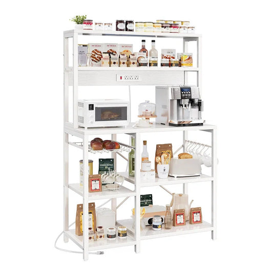 Kitchen Rack: 35.4'' Coffee Bar with Wire Basket, Kitchen Microwave Stand, and Baker's Rack with Power Outlet