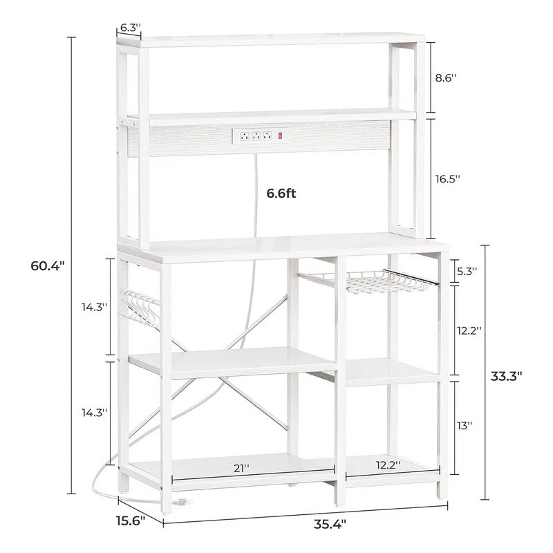 Kitchen Rack: 35.4'' Coffee Bar with Wire Basket, Kitchen Microwave Stand, and Baker's Rack with Power Outlet