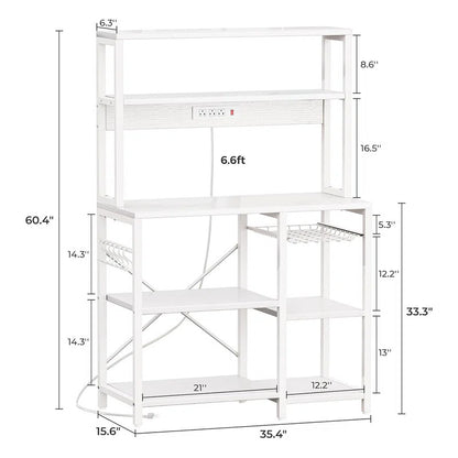 Kitchen Rack: 35.4'' Coffee Bar with Wire Basket, Kitchen Microwave Stand, and Baker's Rack with Power Outlet