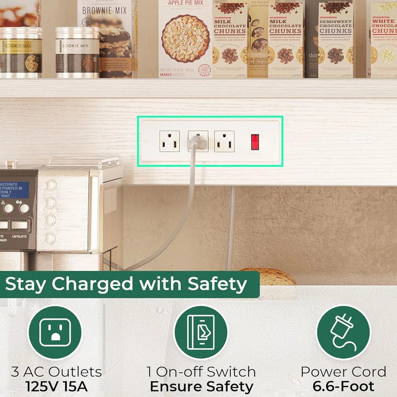 Kitchen Rack: 35.4'' Coffee Bar with Wire Basket, Kitchen Microwave Stand, and Baker's Rack with Power Outlet