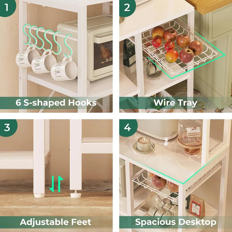 Kitchen Rack: 35.4'' Coffee Bar with Wire Basket, Kitchen Microwave Stand, and Baker's Rack with Power Outlet