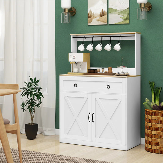 Kitchen Island Table: Elegant Wheeled Sideboard with Cabinets, Power Outlets & Hooks