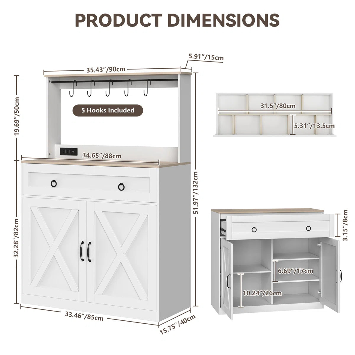 Kitchen Island Table: Elegant Wheeled Sideboard with Cabinets, Power Outlets & Hooks