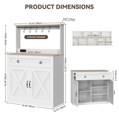 Kitchen Island Table: Elegant Wheeled Sideboard with Cabinets, Power Outlets & Hooks