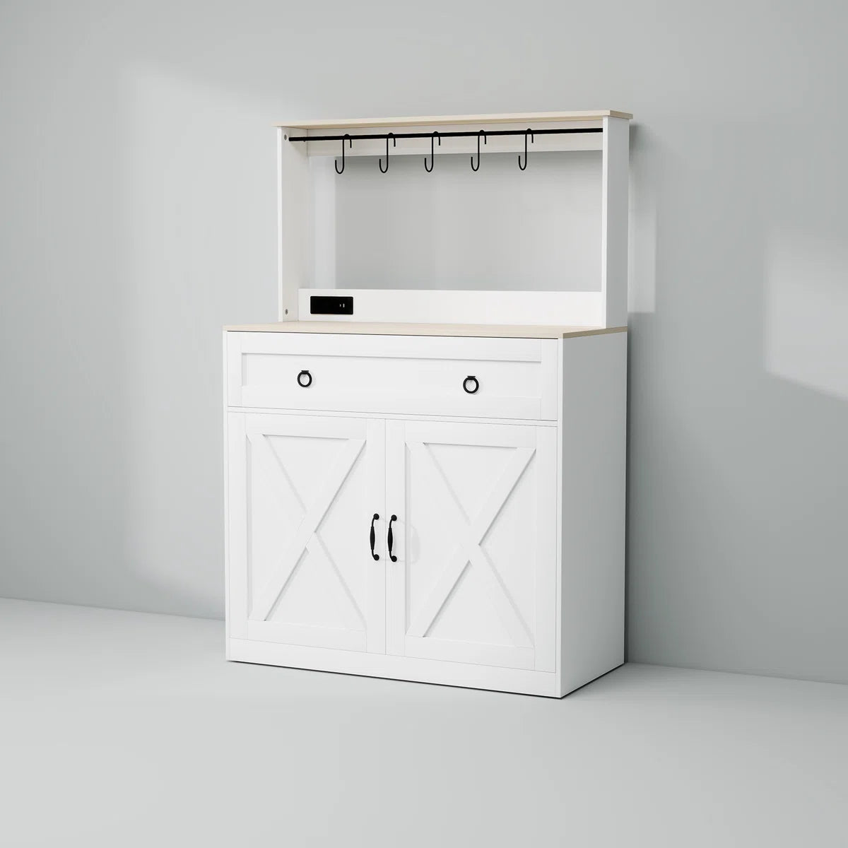 Kitchen Island Table: Elegant Wheeled Sideboard with Cabinets, Power Outlets & Hooks
