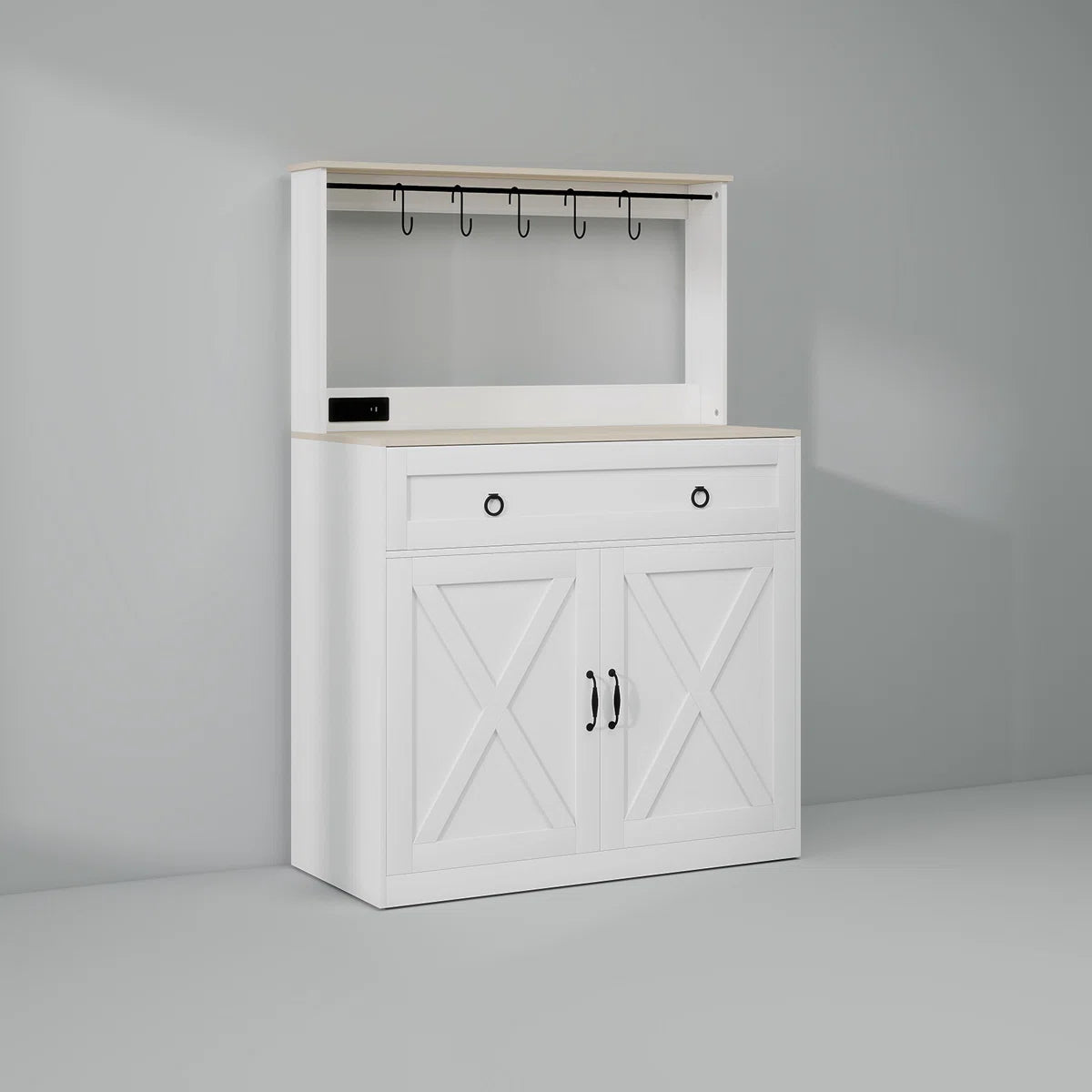 Kitchen Island Table: Elegant Wheeled Sideboard with Cabinets, Power Outlets & Hooks