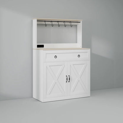 Kitchen Island Table: Elegant Wheeled Sideboard with Cabinets, Power Outlets & Hooks