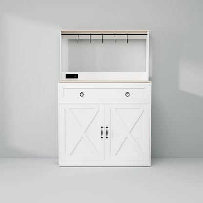 Kitchen Island Table: Elegant Wheeled Sideboard with Cabinets, Power Outlets & Hooks