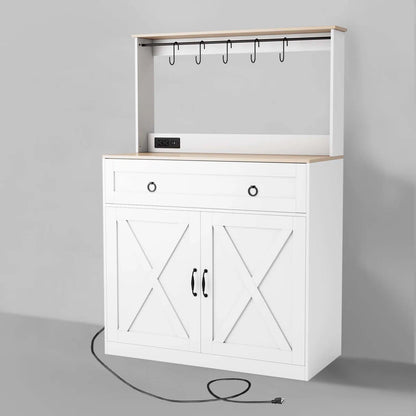 Kitchen Island Table: Elegant Wheeled Sideboard with Cabinets, Power Outlets & Hooks