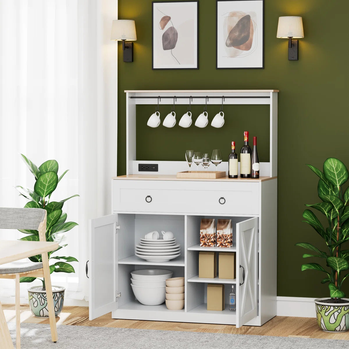 Kitchen Island Table: Elegant Wheeled Sideboard with Cabinets, Power Outlets & Hooks