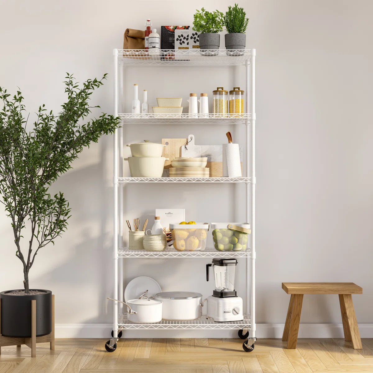 Kitchen Rack: 36'' W Steel Shelving Unit with Wheels for Height Adjustment