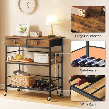 Kitchen Rack: 37.8'' Rolling Kitchen Island with Storage and Power Outlet