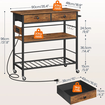 Kitchen Rack: 37.8'' Rolling Kitchen Island with Storage and Power Outlet