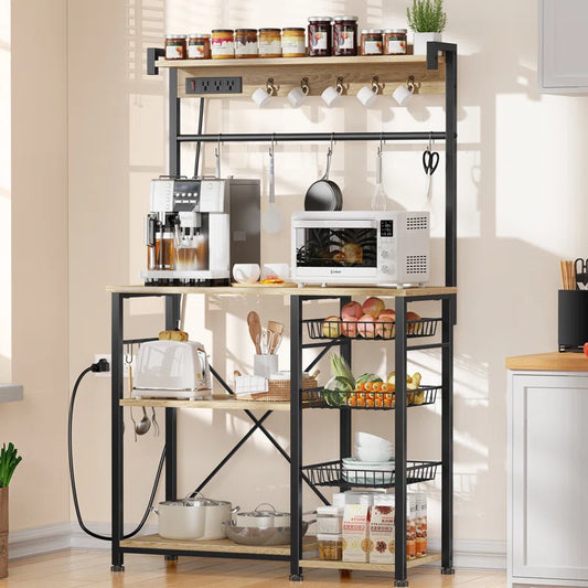 Kitchen Rack: 38.8" Standard Metal Baker's Rack with 15 Hooks, 3 Wire Baskets, Coffee Bar, Microwave Stand, and Power Outlets