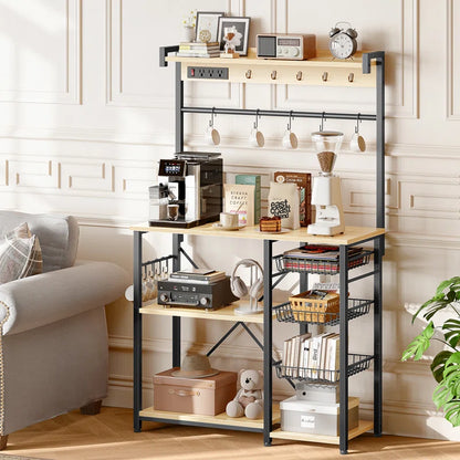 Kitchen Rack: 38.8" Standard Metal Baker's Rack with 15 Hooks, 3 Wire Baskets, Coffee Bar, Microwave Stand, and Power Outlets