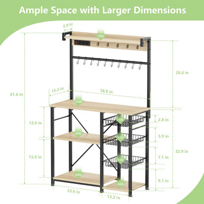 Kitchen Rack: 38.8" Standard Metal Baker's Rack with 15 Hooks, 3 Wire Baskets, Coffee Bar, Microwave Stand, and Power Outlets