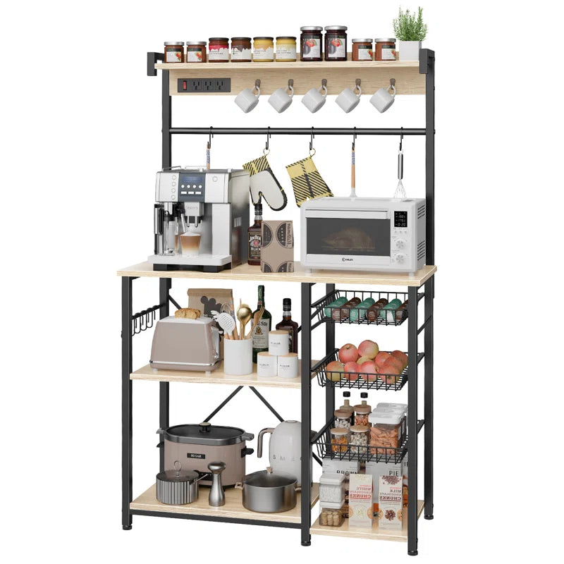 Kitchen Rack: 38.8" Standard Metal Baker's Rack with 15 Hooks, 3 Wire Baskets, Coffee Bar, Microwave Stand, and Power Outlets
