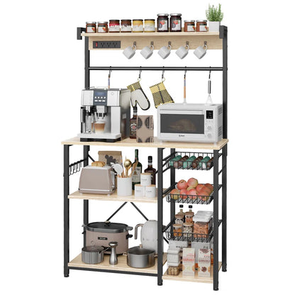 Kitchen Rack: 38.8" Standard Metal Baker's Rack with 15 Hooks, 3 Wire Baskets, Coffee Bar, Microwave Stand, and Power Outlets