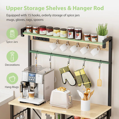 Kitchen Rack: 38.8" Standard Metal Baker's Rack with 15 Hooks, 3 Wire Baskets, Coffee Bar, Microwave Stand, and Power Outlets