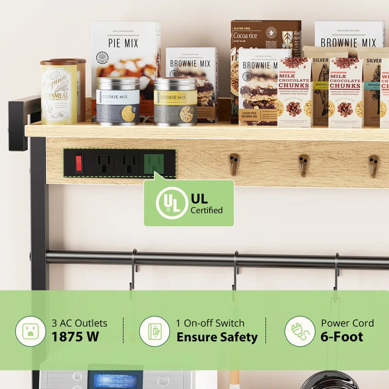 Kitchen Rack: 38.8" Standard Metal Baker's Rack with 15 Hooks, 3 Wire Baskets, Coffee Bar, Microwave Stand, and Power Outlets